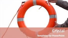  Presentation with orange life buoy splash water - PPT layouts consisting of man holding life buoy background and a coral colored foreground