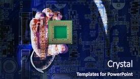  Presentation with microchips on electronic circuit board - Amazing slide set having man holding microchip and electronic backdrop and a navy blue colored foreground