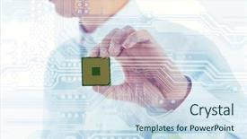  Presentation with circuit board - Slide set having man holding microchip and electronic background and a sky blue colored foreground