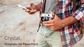  Presentation with man holding phone - Beautiful slides featuring man-holding-old-vintage-photo backdrop and a soft green colored foreground