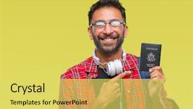  Presentation with student behavior management - Beautiful presentation design featuring man holding passport of america backdrop and a  colored foreground