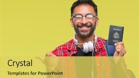  Presentation with student - Beautiful PPT theme featuring man holding passport of america backdrop and a  colored foreground