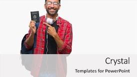  Presentation with happy young student girl holding - Beautiful presentation theme featuring man holding passport of america backdrop and a  colored foreground