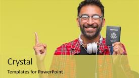  Presentation with student - Audience pleasing presentation theme consisting of man holding passport of america backdrop and a  colored foreground