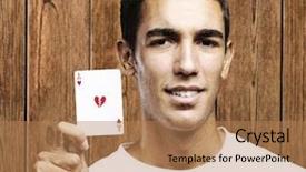  Presentation with broken wall - Beautiful presentation theme featuring man holding poker card with broken heart symbol against a wooden wall backdrop and a coral colored foreground