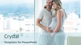  Presentation with stomach - Cool new slide set with man holding pregnant womans stomach in bedroom backdrop and a sky blue colored foreground