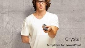  Presentation with remote - Amazing theme having man holding remote control indoor backdrop and a mint green colored foreground