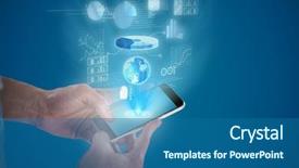  Presentation with mobile technology - Beautiful slide set featuring man holding smart phone backdrop and a ocean colored foreground