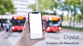  Presentation with bus stop - PPT theme having man-holding-smartphone-showing-white background and a sky blue colored foreground