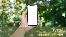  Presentation with smartphone - Presentation theme consisting of man-holding-smartphone-showing-white background and a tawny brown colored foreground