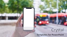 Presentation with bus stop - Slide deck having man-holding-smartphone-showing-white background and a lemonade colored foreground
