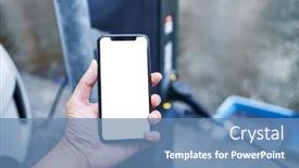  Presentation with electrical car - Presentation having man-holding-smartphone-showing-white background and a teal colored foreground