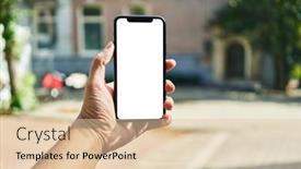  Presentation with amsterdam - PPT theme consisting of man-holding-smartphone-showing-white background and a lemonade colored foreground