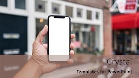  Presentation with amsterdam - Presentation theme with man-holding-smartphone-showing-white background and a coral colored foreground