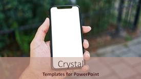  Presentation with white blank notebook silver - PPT theme enhanced with man-holding-smartphone-showing-white background and a  colored foreground