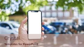  Presentation with car parking - Presentation theme having man-holding-smartphone-showing-white background and a coral colored foreground