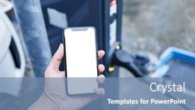  Presentation with electrical car - Theme consisting of man-holding-smartphone-showing-white background and a teal colored foreground