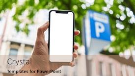  Presentation with smartphone - Slides featuring man-holding-smartphone-showing-white background and a coral colored foreground