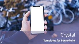  Presentation with bike - PPT layouts with man-holding-smartphone-showing-white background and a ocean colored foreground