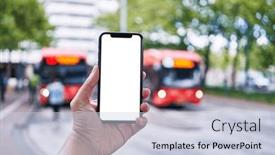  Presentation with bus stop - Presentation theme with man-holding-smartphone-showing-white and a  colored foreground