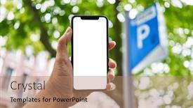  Presentation with smartphone - Slide deck with man-holding-smartphone-showing-white and a coral colored foreground