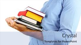  Presentation with stack books - Audience pleasing PPT layouts consisting of man holding stack of books with laptop and tablet isolated on white backdrop and a light blue colored foreground