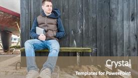 Presentation with man sitting bench - PPT theme consisting of man holding tablet pc sitting on a bench in front of wooden wall background and a coral colored foreground