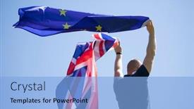  Presentation with united kingdom - Cool new slide deck with man-holding-the-flags backdrop and a light blue colored foreground