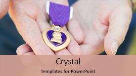  Presentation with medal - PPT theme with man holding the military purple background and a coral colored foreground
