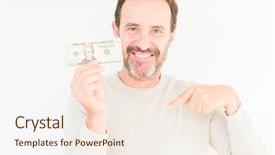  Presentation with bank - Amazing PPT theme having man holding twenty dollars bank backdrop and a sky blue colored foreground