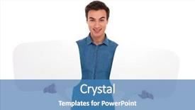  Presentation with background - Colorful slide set enhanced with man holding two speech buble backdrop and a teal colored foreground