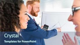  Presentation with double exposure of business people - Amazing PPT theme having man holds a pocket calculator backdrop and a  colored foreground