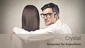  Presentation with lens - Slide deck with man holds his arm on the shoulders of a woman and look at the lens behind them background and a mint green colored foreground