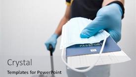  Presentation with latex gloves - Amazing PPT theme having man-holds-the-passport backdrop and a light gray colored foreground