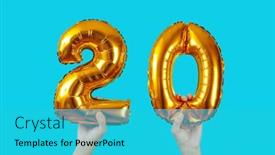  Presentation with balloons blue - PPT layouts enhanced with man-holds-two-golden-number background and a cyan colored foreground