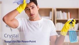  Presentation with helping man - Presentation design with man-husband-cleaning-the-house background and a sky blue colored foreground