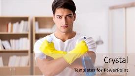  Presentation with helping man - Slide deck enhanced with man husband cleaning the house background and a coral colored foreground