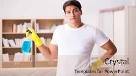  Presentation with helping man - PPT layouts with man husband cleaning the house helping wife background and a coral colored foreground