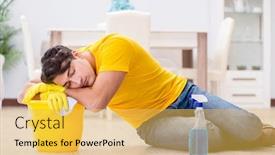  Presentation with helping man - Presentation theme featuring man-husband-cleaning-the-house background and a yellow colored foreground