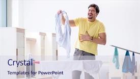  Presentation with ladies clothing - Slide deck enhanced with man husband doing clothing iron background and a  colored foreground