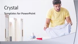  Presentation with clothing - Colorful presentation design enhanced with man husband doing clothing iron backdrop and a  colored foreground