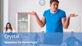  Presentation with helping man - PPT theme featuring man husband ironing at home helping his wife background and a teal colored foreground