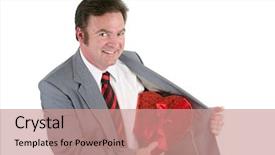  Presentation with hidden - Beautiful slide deck featuring man in a business suit revealing a box of valentines chocolates hidden in his jacket isolated on white backdrop and a coral colored foreground