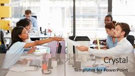  Presentation with woman office desk - Amazing presentation theme having man in a busy office backdrop and a coral colored foreground