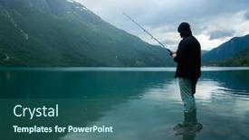  Presentation with lake fish - Amazing PPT layouts having man in a cloak catching fish in clear lake water in norway fjord and mountains on a background backdrop and a ocean colored foreground