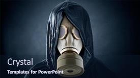  Presentation with gas - Cool new slide deck with man-in-a-gas-mask backdrop and a navy blue colored foreground