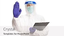  Presentation with hazmat - PPT theme with man-in-a-hazmat-suit background and a light gray colored foreground