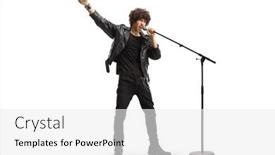  Presentation with microphone - Slide deck consisting of man-in-a-leather-jacket background and a white colored foreground