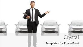  Presentation with cars - Audience pleasing presentation theme consisting of man-in-a-showroom-presenting backdrop and a white colored foreground