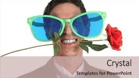  Presentation with woman covering man mouth hand - Beautiful presentation theme featuring man in a tuxedo with a rose in his mouth and over-sized sunglasses backdrop and a soft green colored foreground